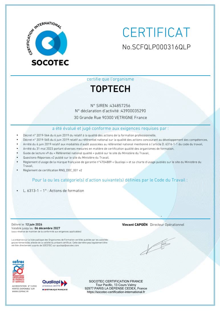 Certificat Qualiopi TopTech